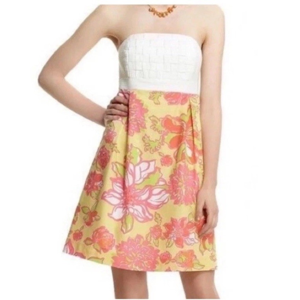 Lilly Pulitzer Basketweave Strapless Dress Starfruit Print Yellow Pink Sz‎ 8